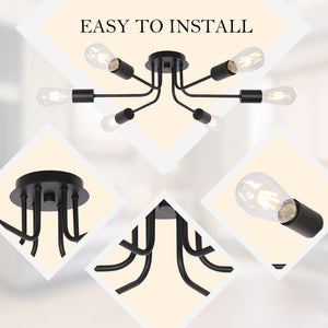 BONLICHT 6-Light Black Vintage Sputnik Light Metal Semi Flush Mount Ceiling Light