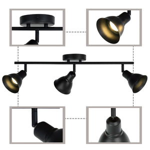 BONLICHT Track Lighting 3 Adjustable Track Heads Black Kitchen Ceiling Light, 35W GU10 Base Halogen Bulbs Included